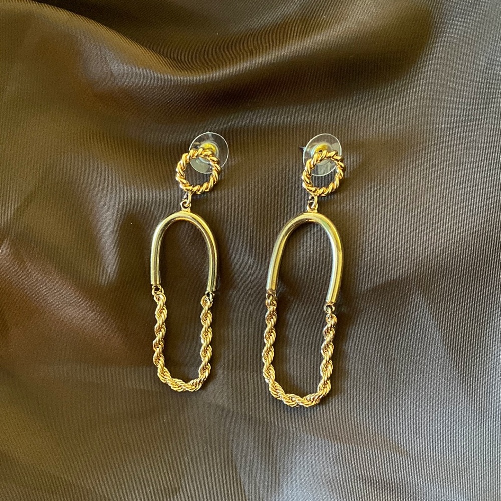 Dangling gold color half hoop/half chain hoop earrings